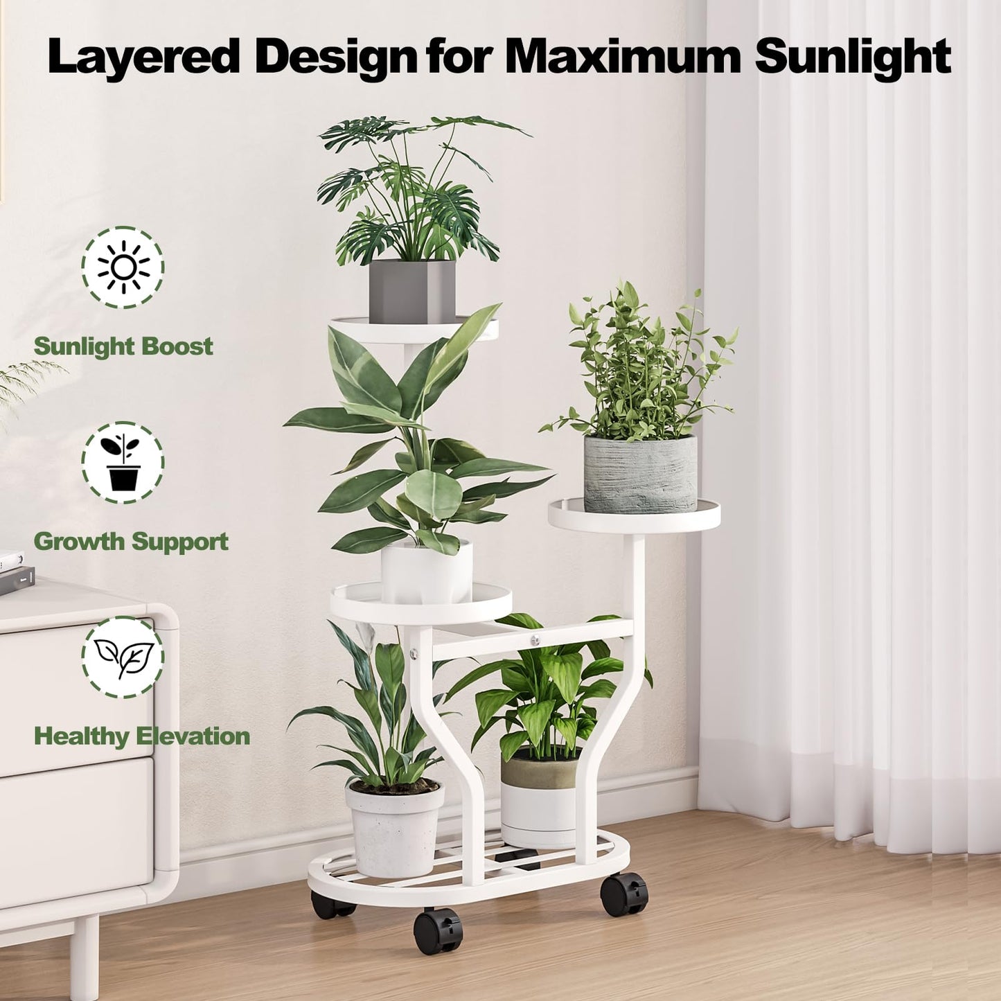 YIZAIJIA Plant Stand with Wheels 3 Tier Metal Plant Holder Corner Flower Shelf for Multiple Plants Display Rack for Bedroom Living Room Balcony Garden White (White, 3 Tier)