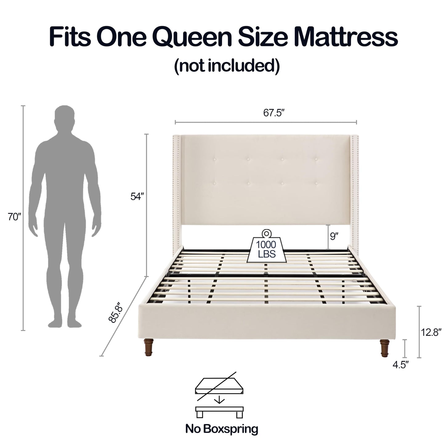 GDFStudio Tall Headboard Upholstered Bed,Queen Size Platform Bed Frame with Headboard Nailhead Trim Wingback,54" High No Box Spring Needed Easy Assembly Traditional Hand Buttoned Tufting Ivory Velvet