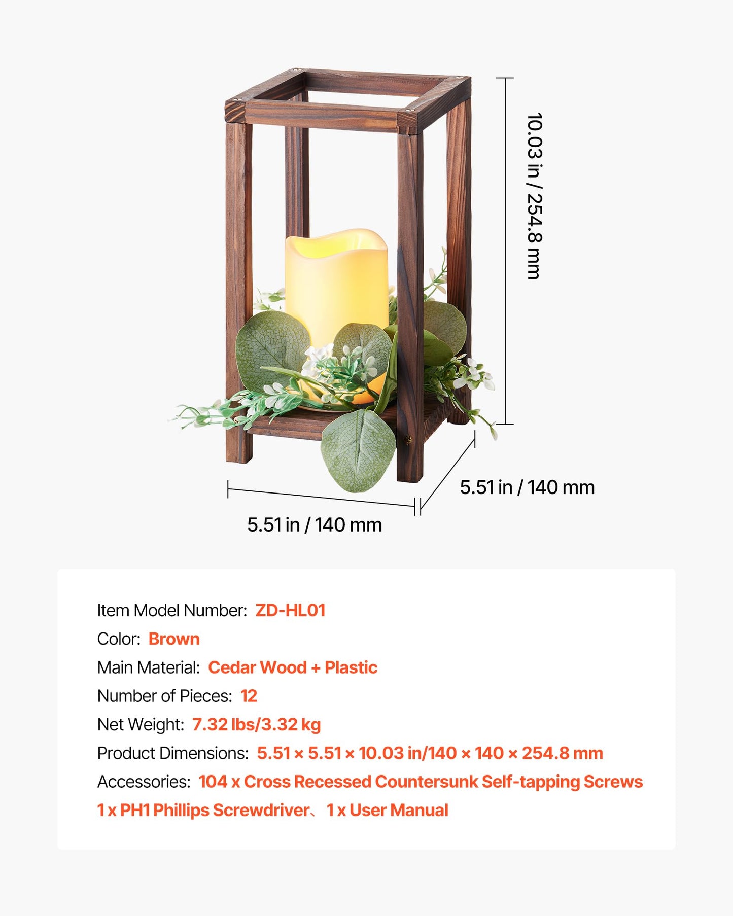 VEVOR 12 Set/36 Pcs Wooden Wedding Lantern Centerpiece, Includes 12 Wooden Lantern Candle Holder 12 Flameless LED Candle 12 Eucalyptus Leaves Wreath for Wedding Table Party Farmhouse Decor, Brown