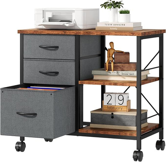 OLIXIS 3-Tier Printer Stand with Fabric Storage Drawer, Rolling Printer Cart with Lockable Wheels and Metal Frame, Under Desk Table with Open Storage Shelf for Small Spaces, Home, Office, Gray