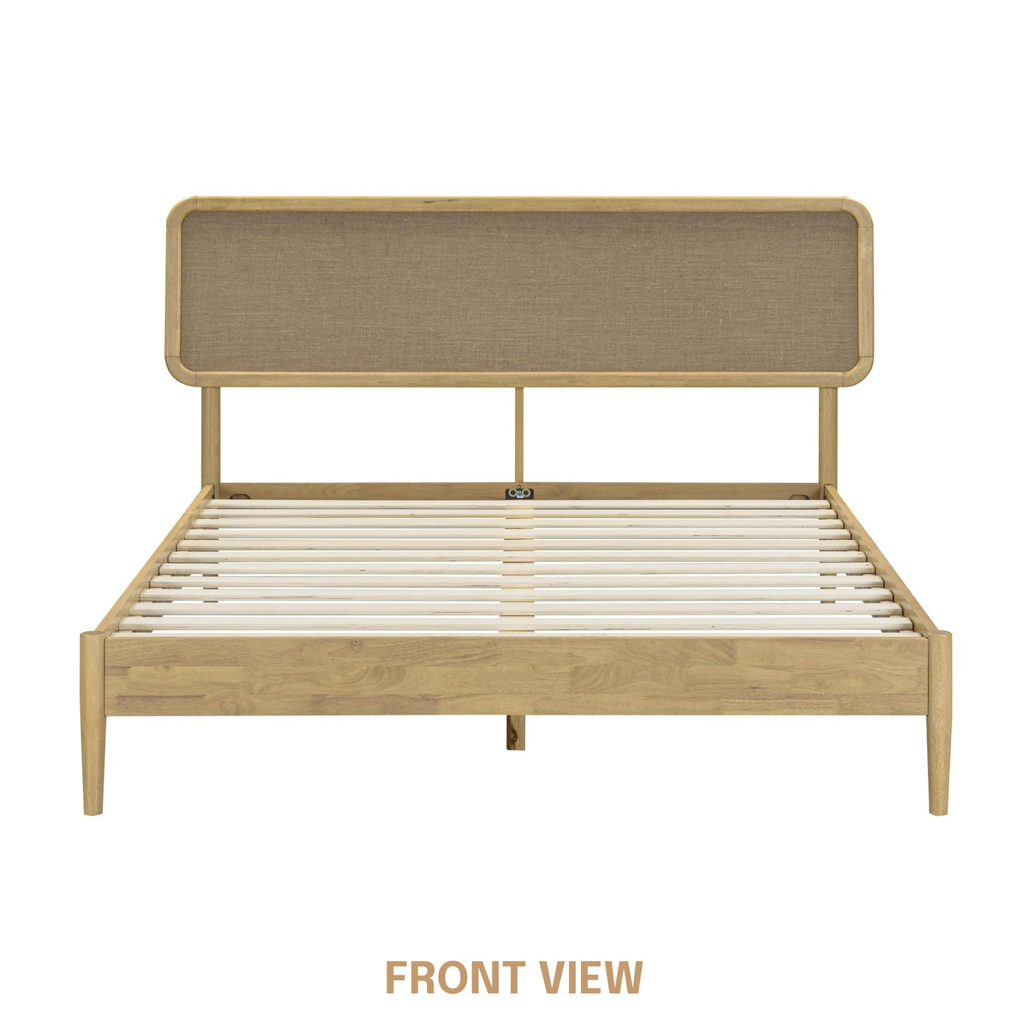 NTC Lupin Wooden Bed Frame with Headboard, Solid Oak and Rubber Wood Foundation with Silent Slats and Wood Central Supports, 1000 Lb Capacity, Queen - Sand