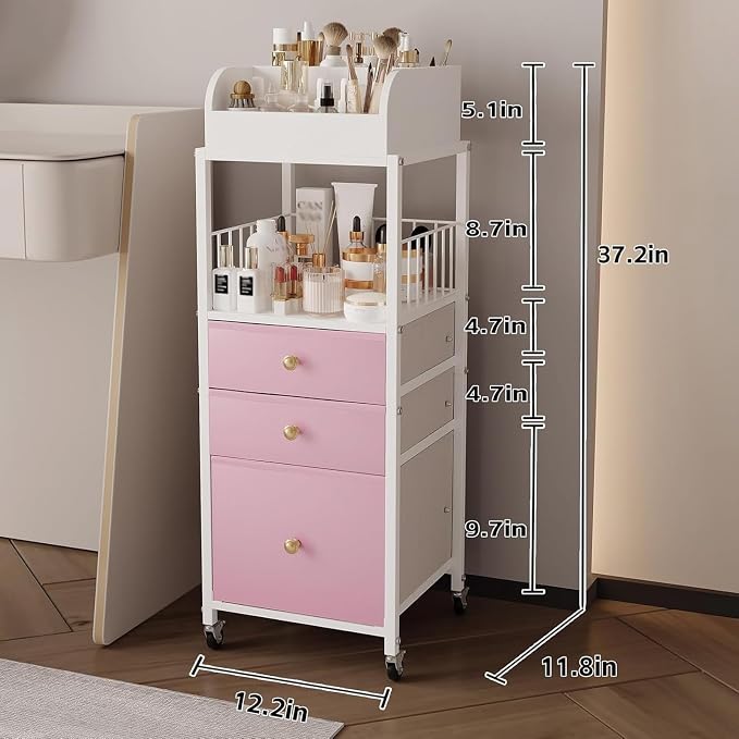 Makeup Organizer Cart with Drawers, Make up Organizers for Vanity, Floor Skincare Organizers- for Cosmetics, Nail Polish, Art Supply, Bathroom Vanity Desktop Organizer (White)