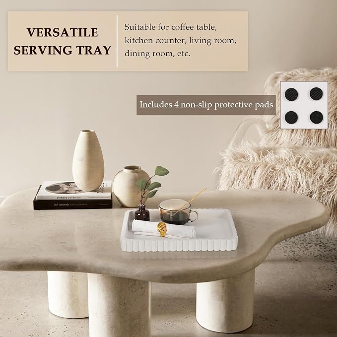 Concrete Decorative Tray for Coffee Table Decor, 14" Coffee Table Tray Ottoman Tray Table Centerpieces, Rectangular Modern Decorative Trays for Home Decor, Living Room, Entry, White