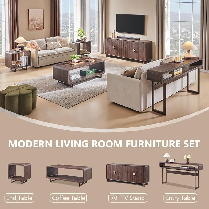 IFGET 48" Modern Coffee Table, 2-Tier Minimalist Center Table with Storage Shelf, Curved Profile Design, Wooden Rectangular Living Room Table w/Wood Thick Design for Living Room, Office, Brown