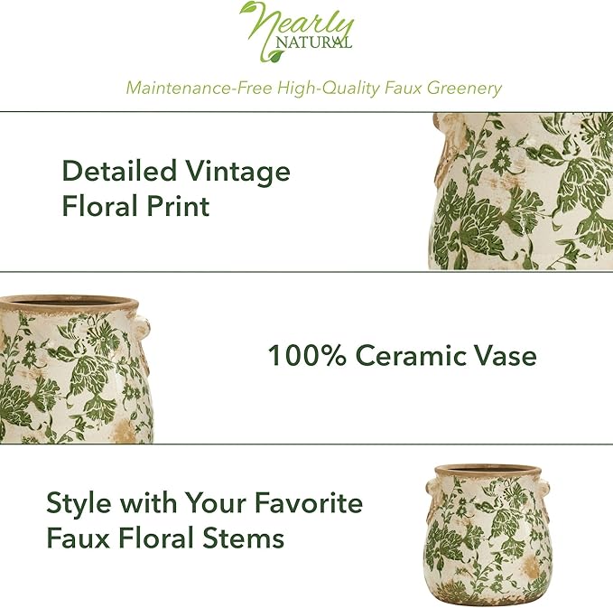 Nearly Natural 10in Ceramic Decorative Vase, Tuscan Style Green Scroll Design for Indoor Home Shelf Table Decor