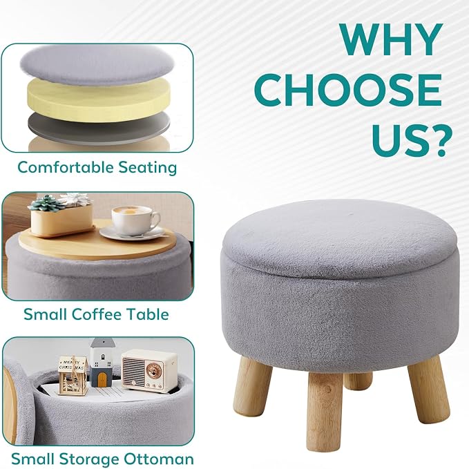 Small Foot Stool Ottoman with Storage, Soft Faux Fur Ottoman Foot Rest for Couch, Round Footstool with Storage, Small Ottomans and Footstools for Living Room and Entryway (Gray)