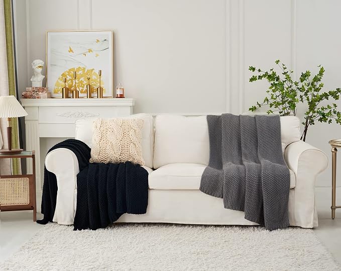 Chunky Cable Knit Throw Blanket Lightweight Grey 100% Organic Cotton Blanket for Sofa Couch Bed Baby Nursery, Rustic Shabby Chic Modern Farmhouse, Gray 60” x 80” Give Laundering Bag