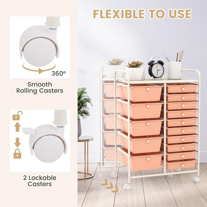 LDAILY 15 Drawer Rolling Storage Cart, Rolling Cart with Drawers for Classroom, Art Supply Craft Organizer on Wheel with Metal Frame & Handles for Home Office School