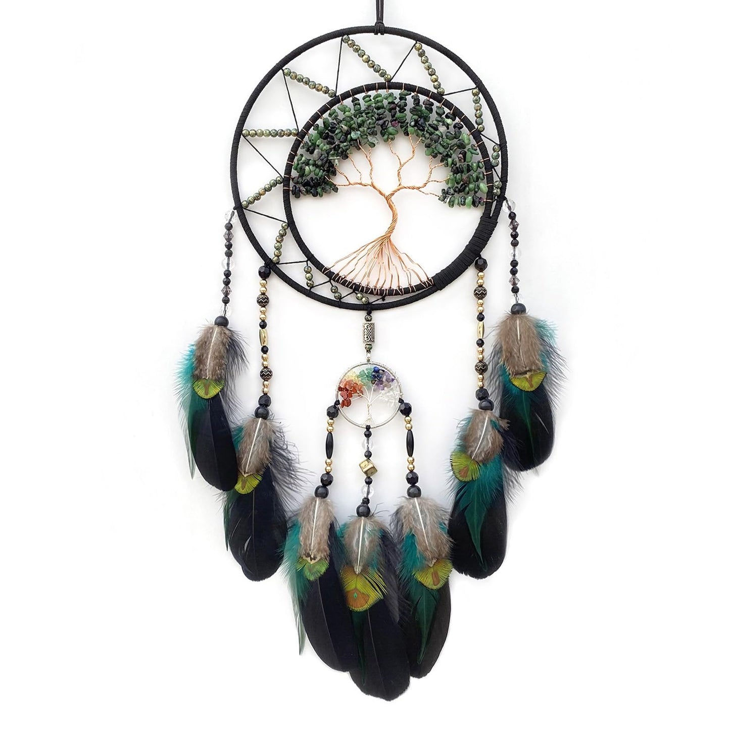 RAGKUU Black Large Dream Catcher Wall Decor Crystal Tree of Life Dream Catchers Handmade Feather Dreamcatcher Wall Hanging Ornament for Bedroom Living Room Home Decor