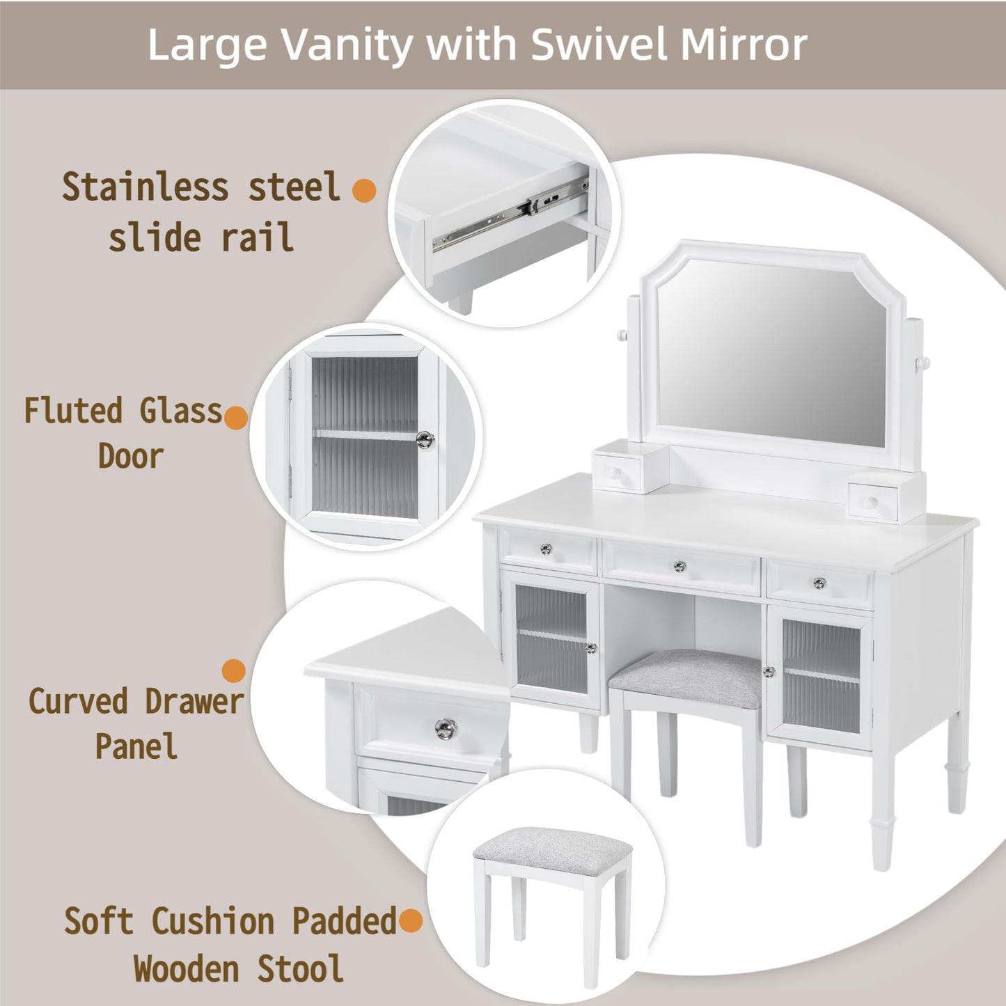 Merax Makeup Vanity Desk with Large Adjustable Mirror & Stool, Minimalist Dressing Table Set with 5 Drawers & 2 Cabinets, Space-Saving Beauty Station for Bedroom Salon Barber Store, White