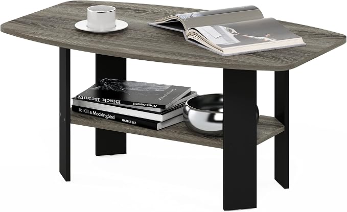 Furinno Simple Coffee Table, 2-Tier Small Coffee Table wih Open Shelf, Side Table, Tabletop with Soft Edges, for Living Room, Home Office, Grey Oak