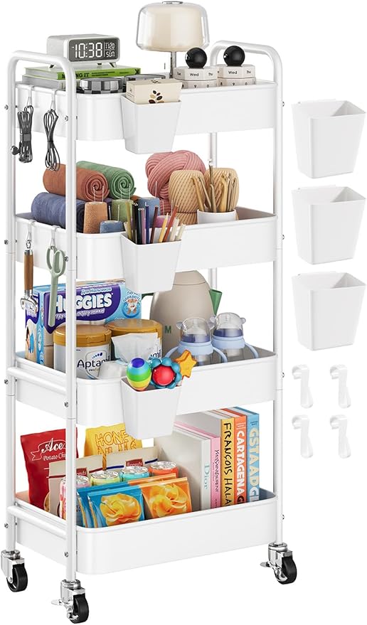 Heavy Duty 4 Tier Rolling Storage Cart Metal with Wheels, White Four Tiered Utility Roller Carts Organizer on Wheels for Art, Craft, Baby Diaper Caddy, Snack, Book, Large-Capacity Shelving Units, 37in