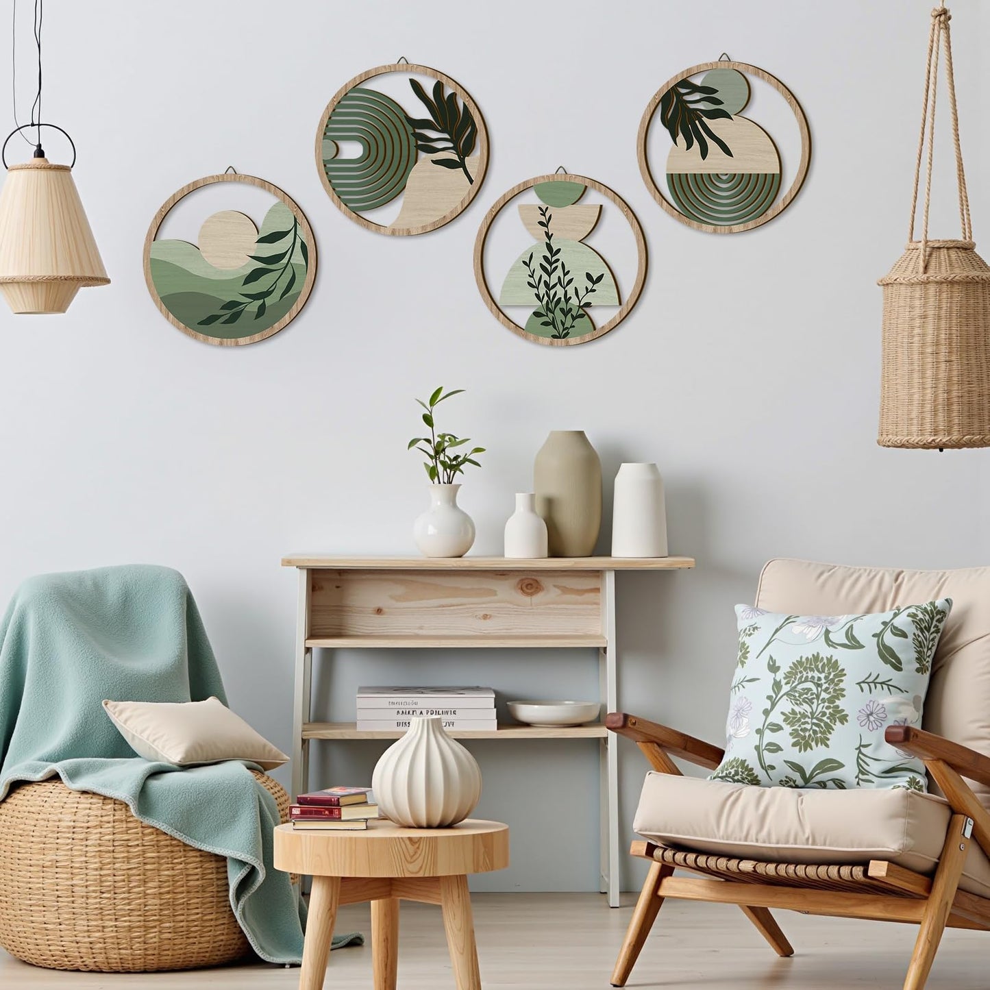 TOARTi 4 Pieces Green Botanical Wooden Wall Art Bohemian Hanging Art Farmhouse Geometric Wooden Wall Decor Aesthetic Tropical Plant Artwork Boho Minimalist Wall Decor for Bedroom Living Room