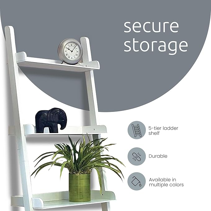Kiera Grace Providence Hadfield 5 Tier Ladder Shelf, Leaning Bookshelf Storage Rack for Home, Office, 18" x 67", White