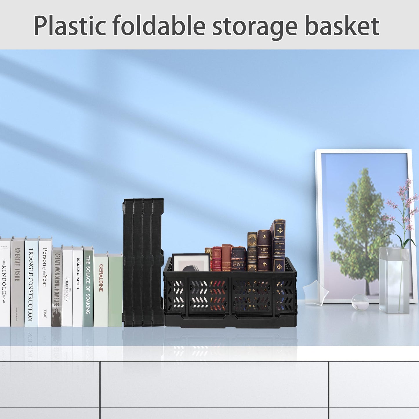 Senhoglb 4-Pack Collapsible Crate for Storage, 19L Folding Crate Plastic for Organizing Groceries Fruit with Handle, Collapsible Milk Crates for Home Office School Trunk, Black