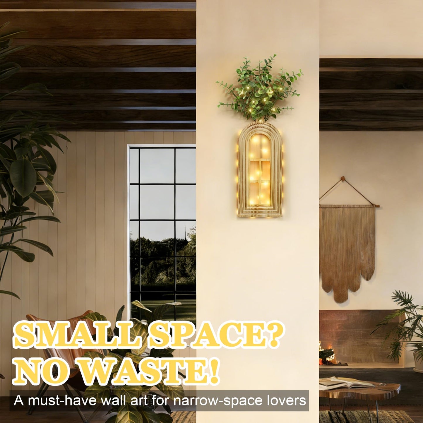 HOMECOR Hanging Wooden Vase Wall Decor - Brown Finish Boho & Modern Farmhouse Decor with Fairy Lights & Artificial Plants, Wall Art for Living Room, Bedroom, Bathroom Mothers Day Home Decor Gift