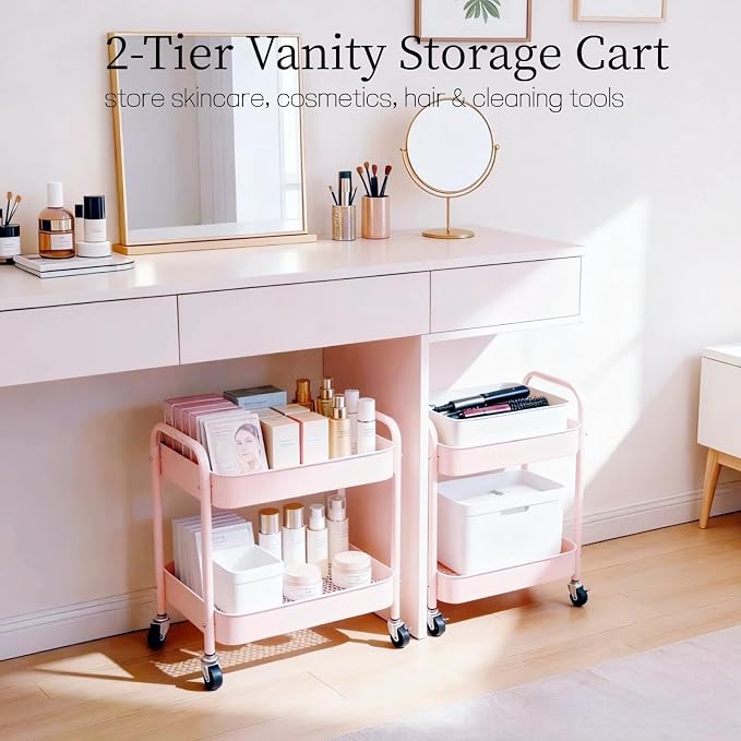 Pink 2 Tier Rolling Cart Metal with Wheels Under Desk Storage Cart for Small Space Organization, Small Trolley for Pantry Room Laundry Bathroom Kitchen Office Art Snack Baby Supplies