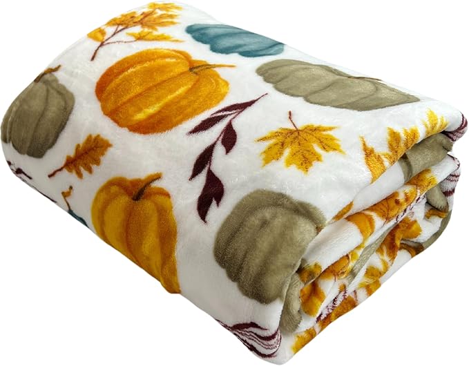 Serafina Home Autumn Fall Fleece Throw Blanket: Thanksgiving Soft Velvety Blanket for Couch Bed Sofa, 70" x 50" (Pastel Pumpkins)