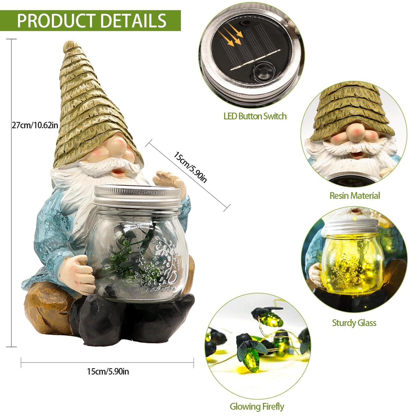 Vcdsoy Solar Firefly Jar Gnome Waterproof, Mothers Day, Birthday Housewarming for Women Mom Grandma, Large Garden Gnome Funny Solar Outdoor LED Lights Resin Statues Lantern Figurines Decorations