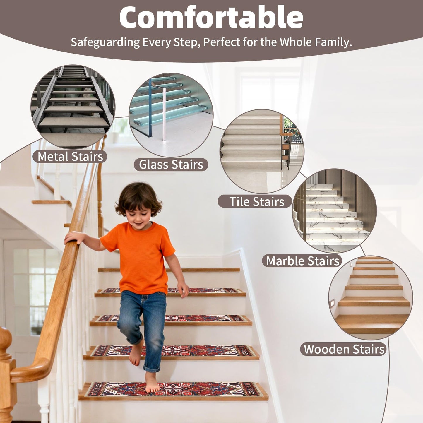 Stair Treads Non Slip 15 Pack 8" X 30" Stair Treads for Wooden Steps, Washable Self Adhesive Stair Runners Stain Resistant Stair Carpet, Edging Staircase for Kids Elders and Dogs (Style 1)