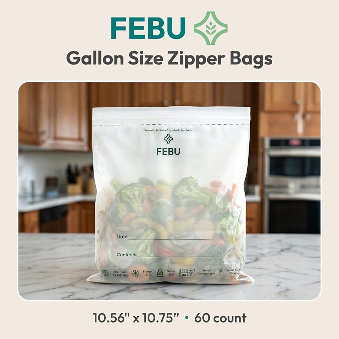 FEBU Gallon Compostable Food Storage Bags, 60 Count | Certified Home Compostable & Biodegradable | PFAS & BPA Free Zipper Bags | Leak-Proof & Resealable | 10.56” x 10.75”