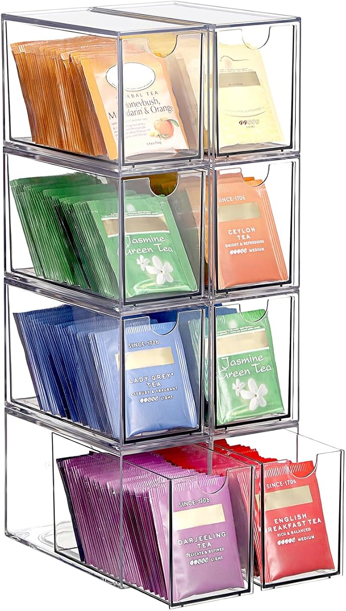ELLDOO 8 Drawers Tea Bag Organizer, Clear Acrylic Stackable Tea Bag Storage Holder for Kitchen Pantry, Coffee Pod Snack Storage for Countertop Cabinet