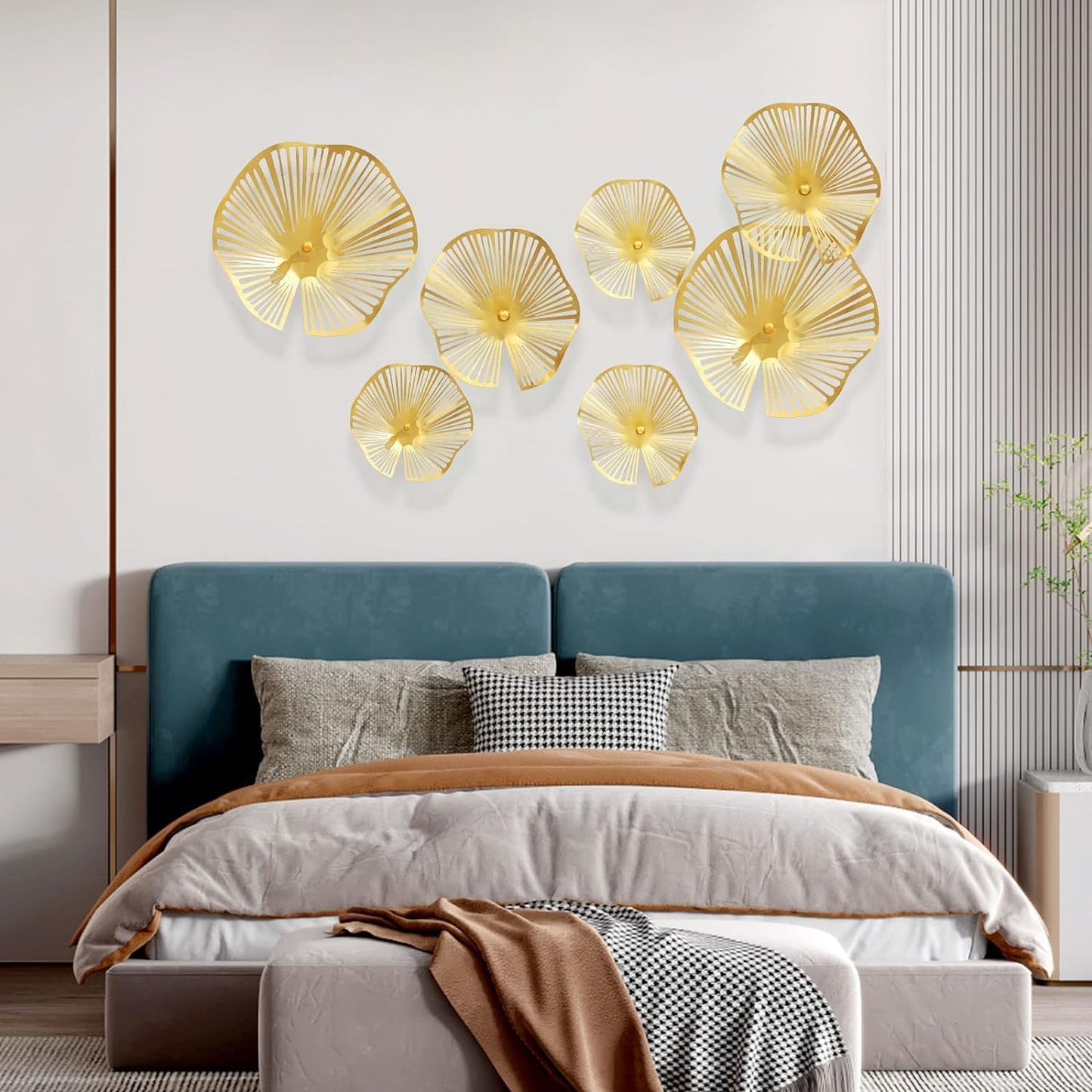 TEIPAI Gold Wall Decor Living Room, 7PCS Hollow Lotus Leaf Metal Wall Art for Apartment Bedroom Small Room Decoration, Modern Wall Hanging Sculptures for Home Office, Horizontal or Vertical Display