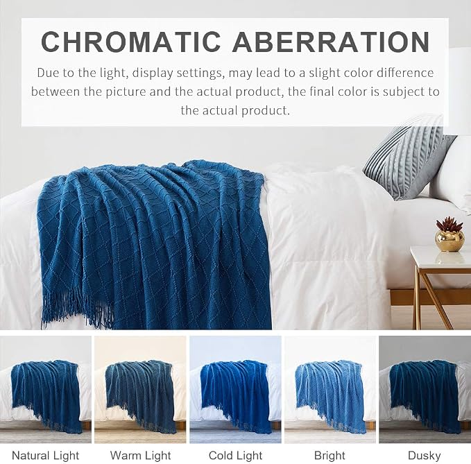 BOURINA Royal Blue Throw Blanket 50x60 Inches Throw Textured Solid Soft Sofa Couch Decorative Knit Blanket