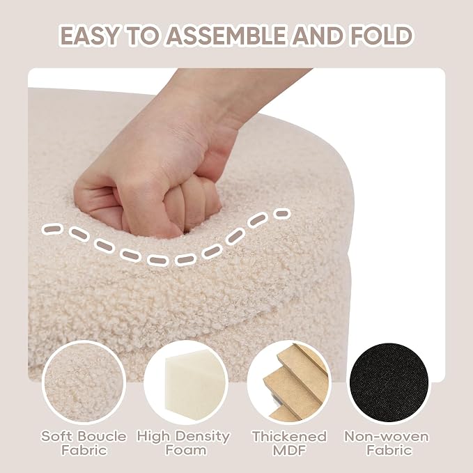 PINPLUS Round Storage Ottoman Foot Rest Stool with Tray Velvet Sherpa Folding Storage Ottoman,Boucle Foot Rest for Living Room, Bedroom, Dorm,Beige Color