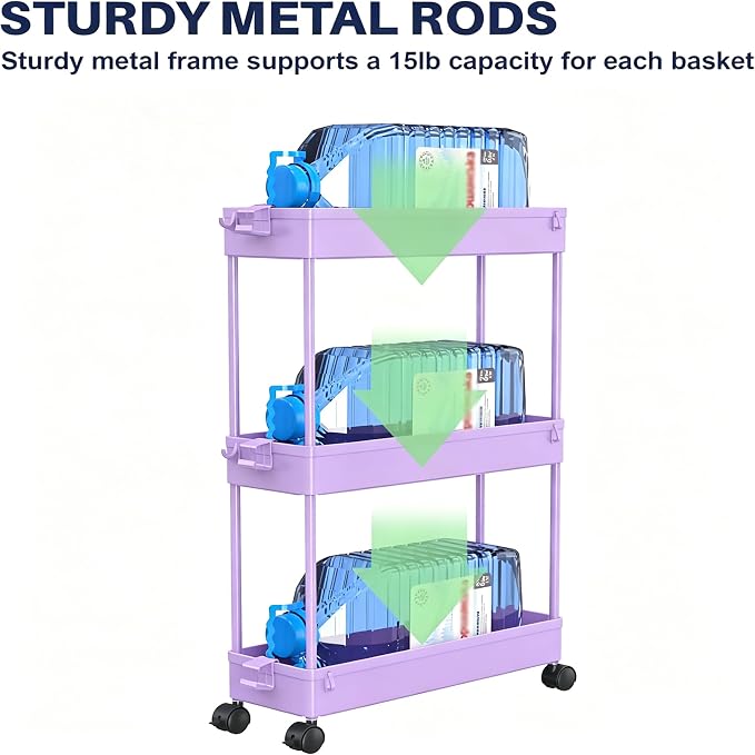 SPACELEAD Slim Storage Cart 3 Tier,Bathroom Organizer Rolling Utility,Mobile Shelving Unit Slide Out for Office, Kitchen, Laundry Room & Narrow Places,Purple