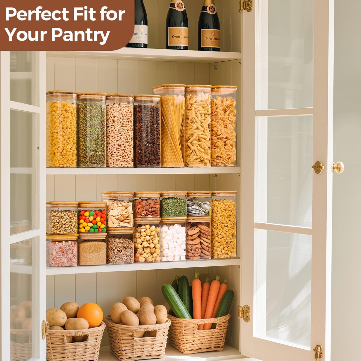 ComSaf 1.2 Qt Glass Storage Containers with Lids, Glass Jars with Lids, Clear Food Storage Jar, Square Canister Set of 9, Pantry Organizers and Storage for Cookie Flour Oat Pasta Tea Coffee Bean