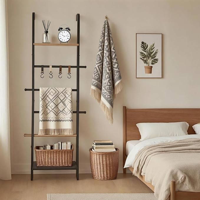 Wooden Ladder with Shelf for Decor, 6-Tier Decor Ladder with Non-Slip Mat & Hooks, Farmhouse Style Leaning Wall Display Holder, Black