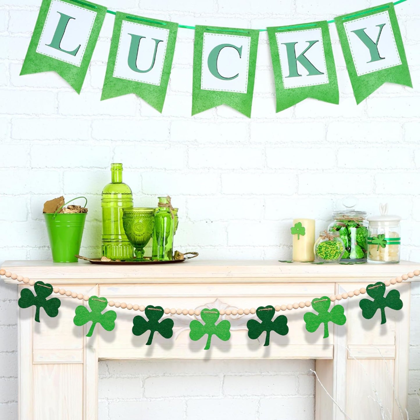 7.5 FT Beaded St Patricks Day Garland, Felt Shamrock Banner and Wooden Beads | Rustic Farmhouse Clover St Patricks Day Decorations for Home Bar Party, Shelf Display, Fireplace, Wall Decor