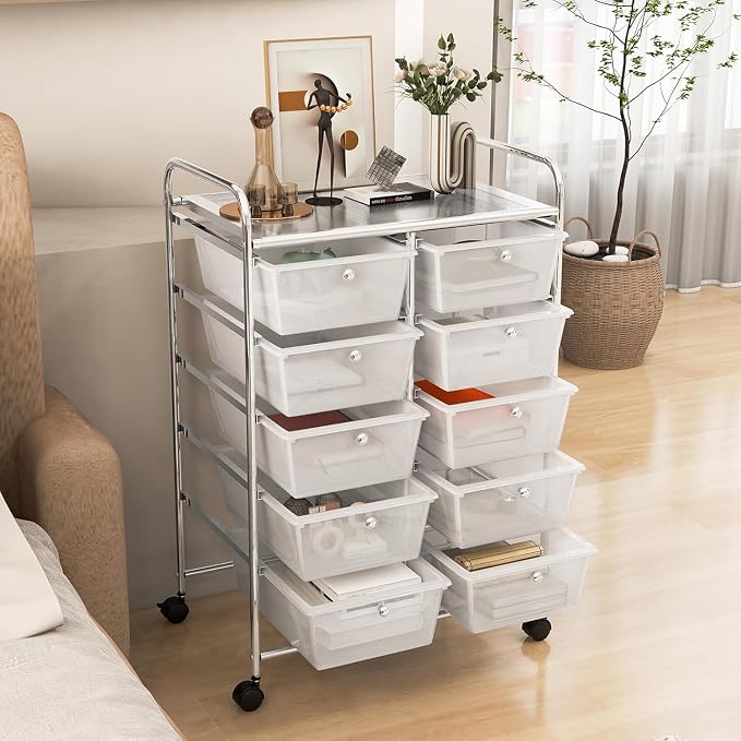 LDAILY 10 Drawer Rolling Cart, Storage Cart Organizer on Wheels, Drawer Cart with Metal Frame & Large Storage Capacity, Rolling Cart with Drawers for Living Room Classroom, Office
