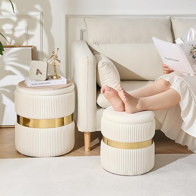 YYW HOME Velvet Round Ottoman with Storage Set of 2 for Livingroom Small Foot Stool Ottoman for Living Room Small Coffee Table Vanity Stool with Storage for Bedroom White