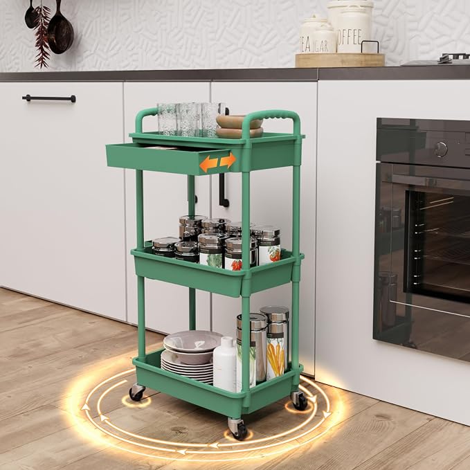 REBECAT 3 Tier Rolling Utility Cart with Drawer,Rolling Storage Cart,Storage Cart for Kitchen,Bathroom,Living Room, Organizer with Iron Wheels(Green)