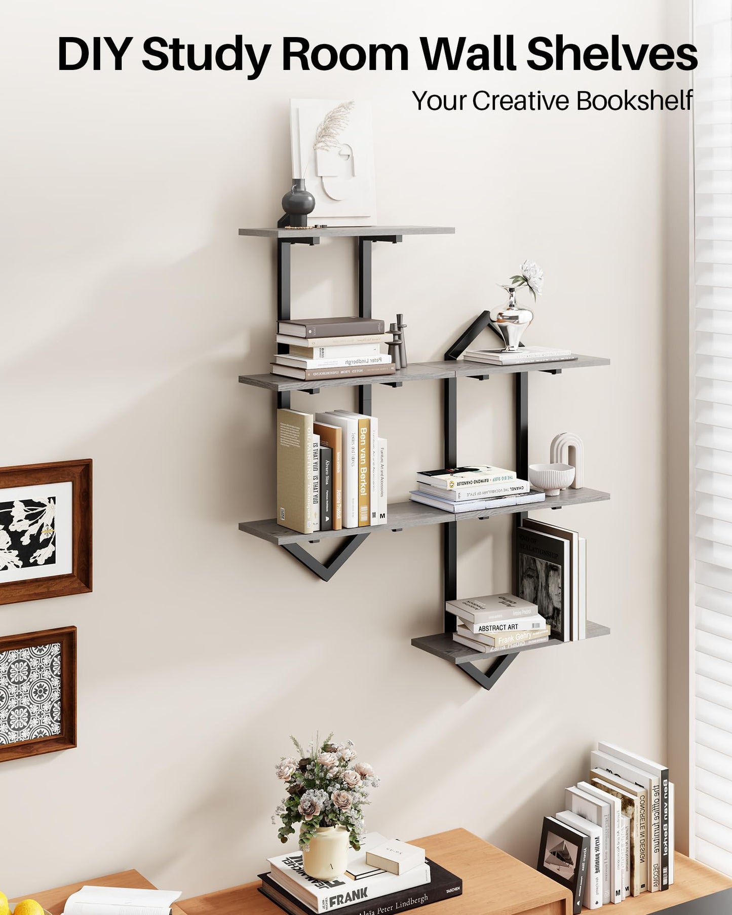 Forjarn 3 Tier Floating Shelves, Set of 2 Wall Shelves for Living Room, Modern Geometric Wooden Shelf for Wall Decor, Hanging Storage Shelf for Bedroom Bathroom Kitchen Home Office (Greige + Black)