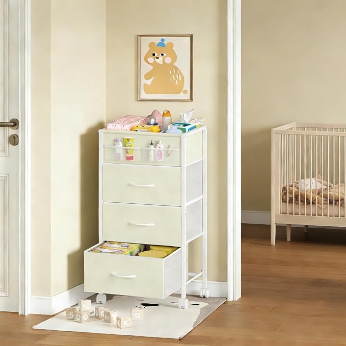 4-Tier Baby Diaper Caddy Organizer Cart with 3 Storage Drawers, Rolling Cart with Dividers & Side Pockets for Nursery, Baby Essentials, Toys, Wipes & Creams, Portable Kids Storage Cart & Station