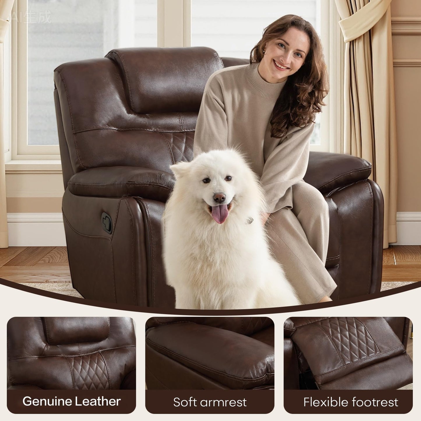 ANJ Genuine Recliner Chair Set of 2, Manual Reclining Chair with Ergonomic Design, Oversized Single Sofa Recliner with Soft Armrest and Flexible Footrest for Living Room,（Red Brown）