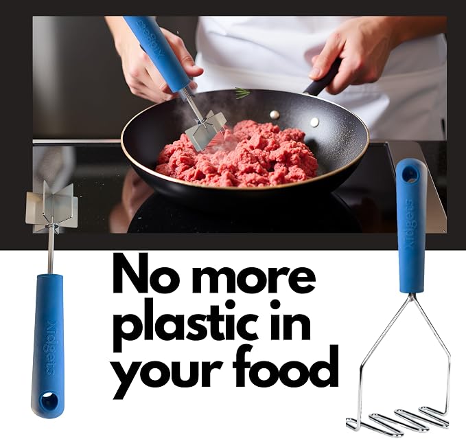2pc Gift Set | Large Stainless Steel Meat Chopper & Potato Masher | 6-Blade Ground Beef Chopper Tool | Oversized Ergonomic Handle | Heat Resistant Grip | Dishwasher Safe (Lagoon Blue/Lagoon blue)