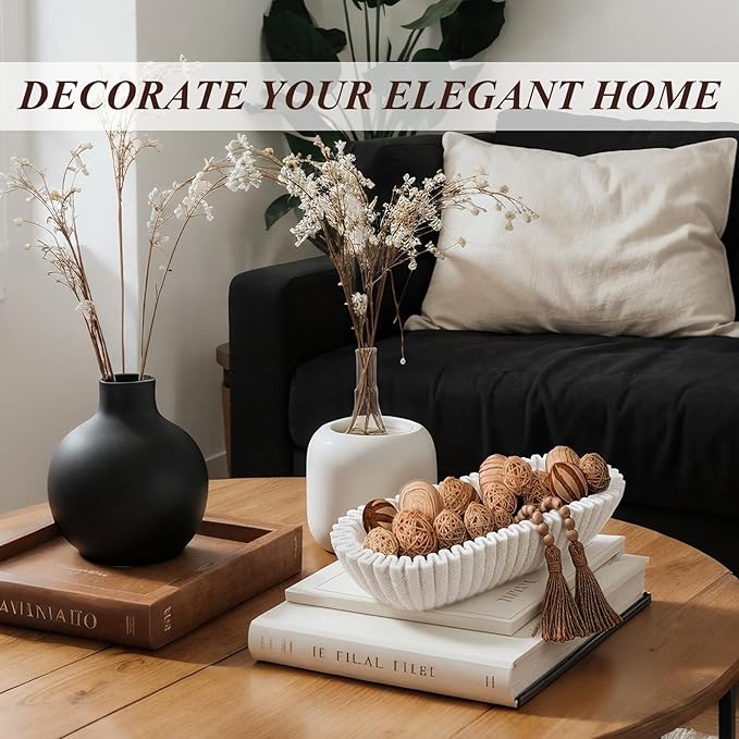 Large Decorative Bowl for Home Decor Long Dough Key Bowls Coffee Table Decor Centerpiece White Ruffle Scalloped Resin Modern Handicraft Bowl for Kitchen Counter Farmhouse Entryway