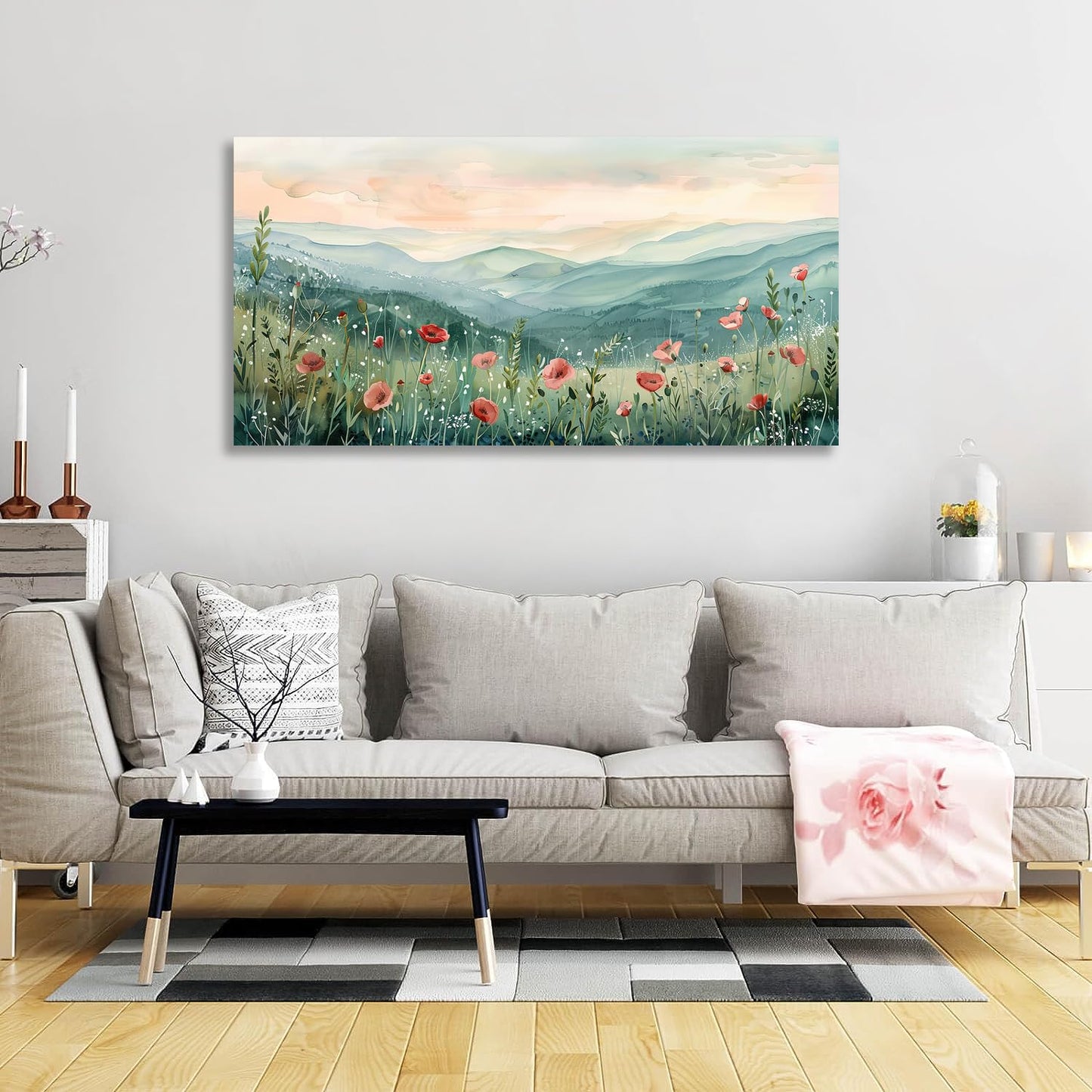 Tucai Decor Floral Landscape Canvas Wall Art 20 x 40 inches Poppies in Mountain Valley Home Decor Art Prints for Living Room Bedroom Office Ready to Hang