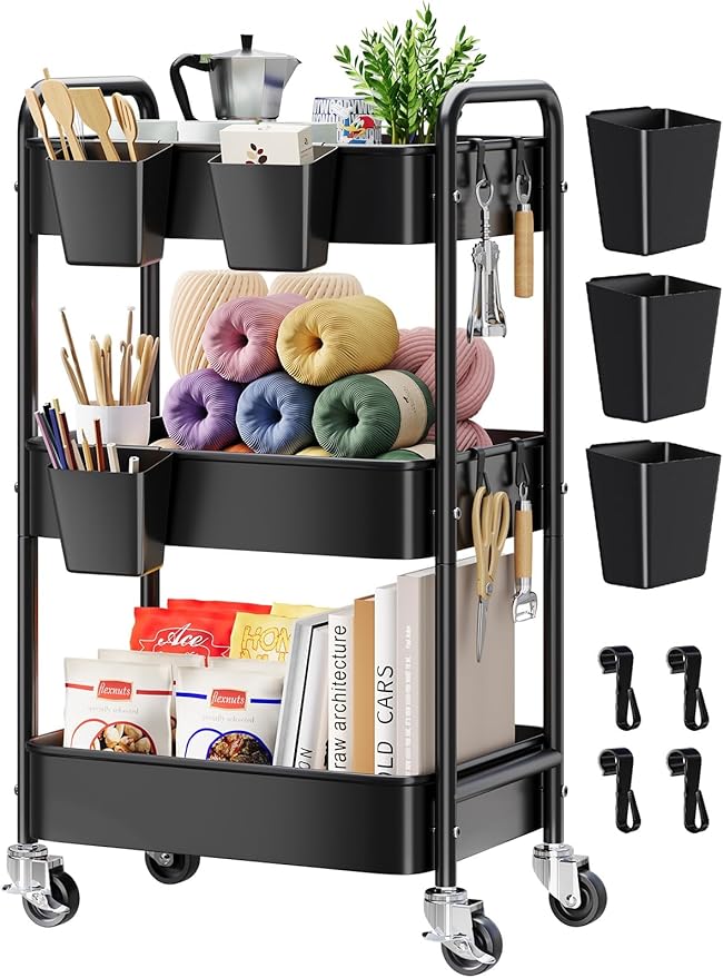3 Tier Rolling Cart Metal with Wheels, Black Three Tiered Art Cart Organizer on Wheels, Storage Utility Trolley Carts for Kithcen, Craft, Nail, Lash, Makeup, Salon,Bedside, Bathroom, Office, Snack