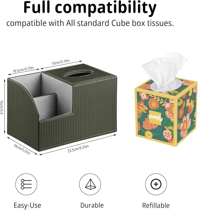 PU Leather Square Tissue Box Cover - Multi-Functional Tissue Box Holder, Tissue Box Cover with Storage,Tissue and Remote Control Holder, Cube Tissue Box Organizer Bedroom Nightstand End Table
