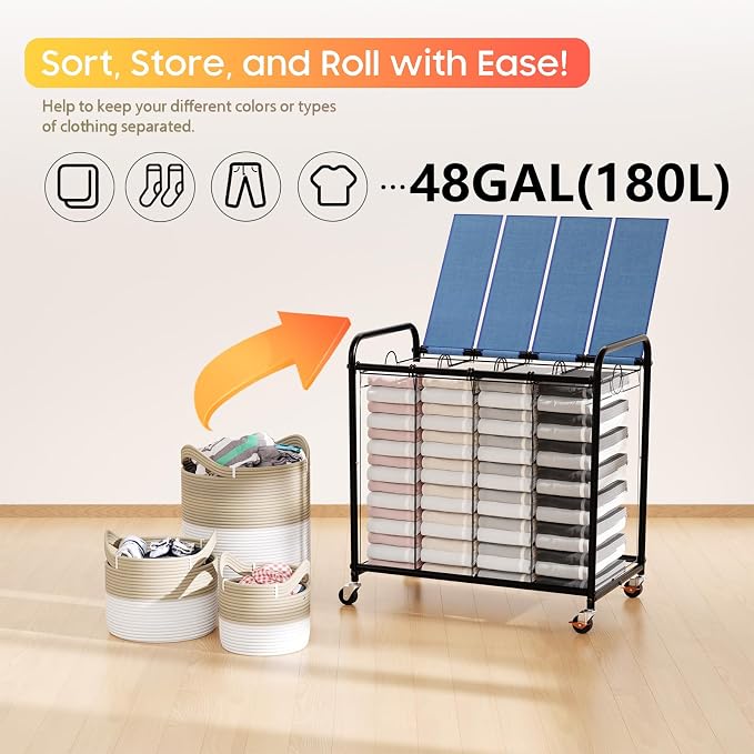 Laundry Sorter 4 Sections 48 Gal, Rolling Laundry Basket with Lockable Wheels and Lid, Laundry Hamper with 4 Separated Removable Bags Dirty Clothes Hamper for Laundry Room Organizer, Blue