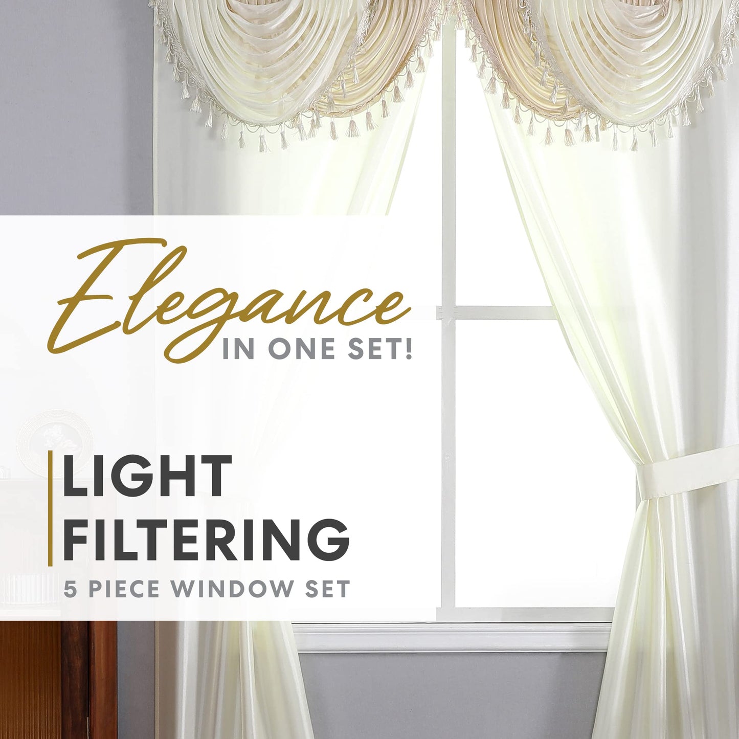 Regal Home Collections Amore Curtains 5-Piece Window Curtain Set - 54-Inch W x84-Inch L Panels with Attached Valance and 2 Tiebacks - Bedroom Curtains and Living Room Curtains (Beige)