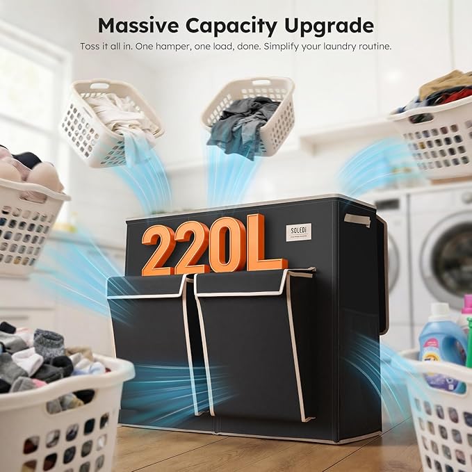 SOLEDI 220L Laundry Hamper 3 Section,Extra Large Laundry Basket with Lid and 2 Side Pockets, Dirty Clothes Hamper with Removable Bag Easy to Carry for Laundry Room, Bedroom, Bathroom, Black
