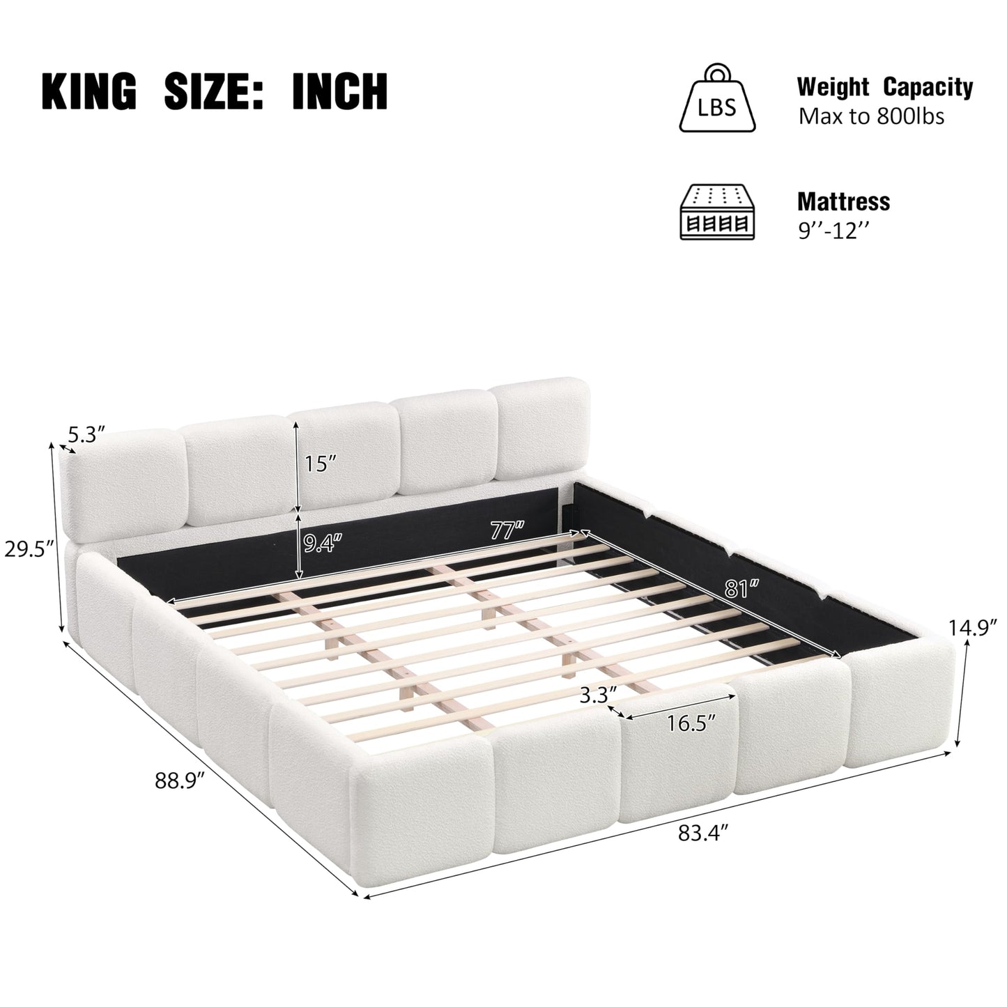 Merax King Size Boucle Platform Bed with Thick Headboard and Footboard, Block Style Upholstery Floor Bed Frame, White