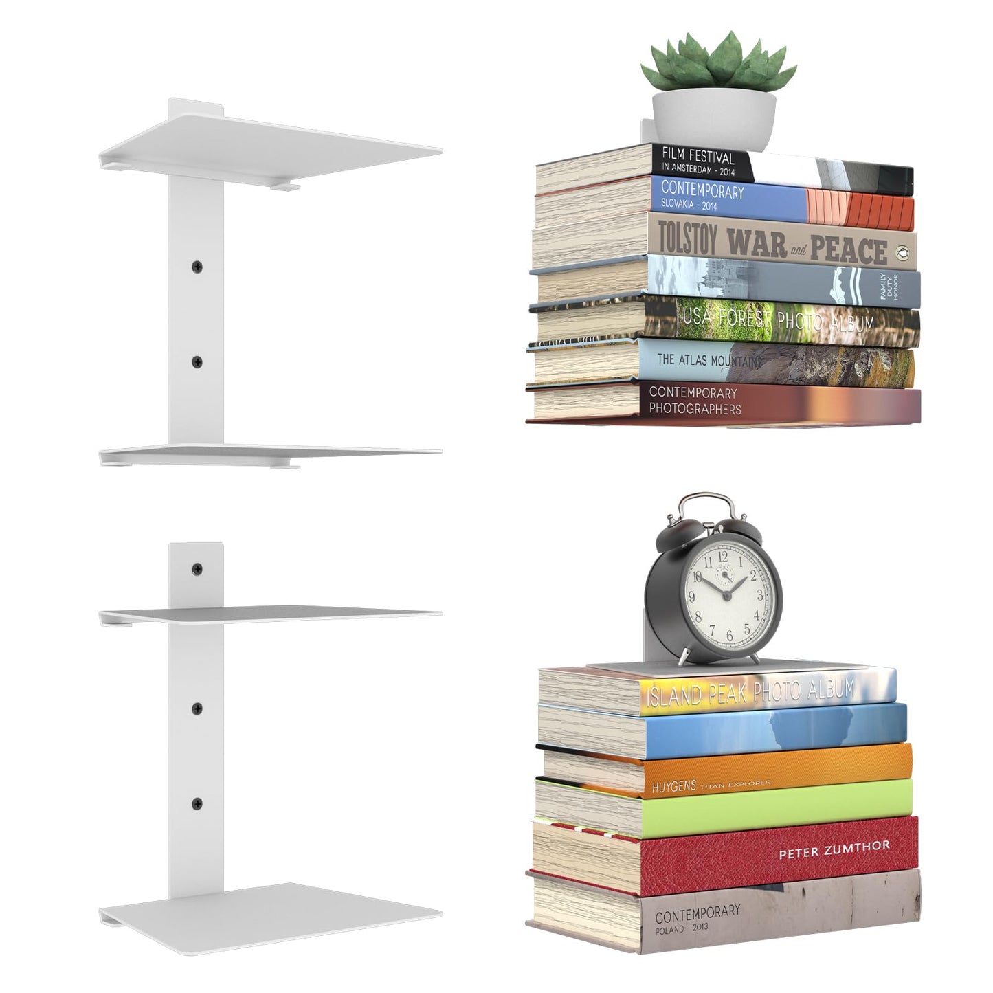 Mefirt Invisible Floating Bookshelves for Wall, 4 Tier Vertical Spine Book Tower, Heavy Duty Floating Book Shelves Metal Book Organizers for Home Office, 2 Pack(White)