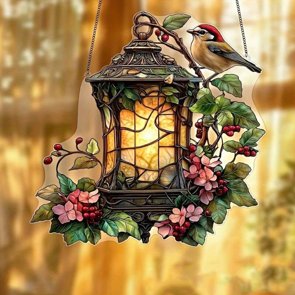 1PC Lantern with Bird and Flowers Acrylic Hanging, 7.08 inch Window Decor with Printed Stained Glass Style Design, Rainbow Maker Wall Art, Gift Idea & Garden Ornament Indoor Outdoor Use/YX-13